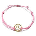 Pink handmade woven beach bracelet with adjustable cord and golden wave charm - Pink