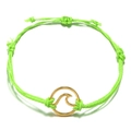 Detail of neon green braided handmade rope bracelet with golden wave charm and adjustable knot - Fluorescent Green