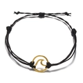 Handmade woven wave bracelet with gold ocean pendant on minimalist black cord - Black
