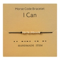 Detail of handmade Morse code bracelet with gold beads on display card showing 'I Can' message - I Can