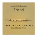 Close-up of Morse code friendship bracelet with gold beads on a branded display card - FRIEND Letter