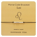 Detail showing Leo Morse code bracelet with silver beads on a yellow display card - Leo
