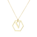 Macro detail of golden hexagonal pendant with letter V on a classic O-chain necklace - Letter V