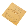 Golden Morse code bracelet on I Love You card with adjustable lobster clasp and metal beads - I Love You Theme