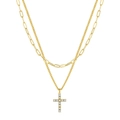 Fashionable golden double layer necklace set with paperclip chain and zircon cross pendant - Paperclip Twist 2-Layer Layered Zirconia Cross (0239)