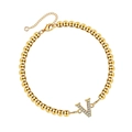 Gold beaded chain bracelet with diamond-encrusted V pendant and adjustable lobster clasp - Letter V