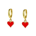 Macro detail of golden hoop earring with vibrant red enamel heart pendant on white background - Heart Dangle Style / Red Heart-A