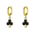 Close-up of golden hoop earrings featuring black clover poker charms and fleur-de-lis patterns - Club Dangle Style / Plum Blossom