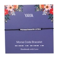 Detailed view of silver Morse code bracelet on purple floral card with handmade beads - YAYA