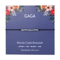 Detail of Morse code bracelet GAGA on purple floral card with silver beads and tubes - GAGA