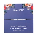 Morse Code Bracelet with silver metal beads on a blue gift card featuring floral patterns - I AM HERE