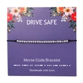 Detail of Morse code bracelet with silver beads on floral card packaging - Drive Safe