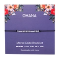 Detail of handmade Morse code bracelet with Ohana message on purple floral gift card - Ohana (Family)