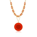 Collana a doppio strato a graffetta con catena acrilica arancione e grande ciondolo rosso - Stile Resina Rotonda Pop Art a Contrasto (0373-2)