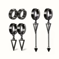 Détail de boucles d'oreilles en acier noir avec pendentifs triangles et pompons chaînes - Lot de 3 paires / Noir