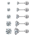 Détails de cinq tailles de boucles d'oreilles en zircone 3A avec monture à quatre griffes - Lot de 5 Paires / Blanc