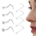 Set of 8 nose studs including silver L-shape CZ gems and clear bio-flex retainers - Set of 8 / Silver