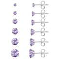 Ensemble de six paires de boucles d'oreilles violettes à 4 griffes, tailles de 3mm à 8mm - Lot de 6 paires / Violet