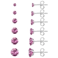 Set de 6 paires de boucles d'oreilles clous en argent et zircon rose 4 griffes - Lot de 6 paires / Rose