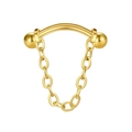 Macro detail of golden curved barbell lip ring featuring high-polished metal chains - Gold Ball