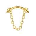 Detail shot of golden 16G curved barbell piercing with cone ends and decorative chain - Gold Spike