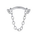 Detail of 16G stainless steel curved barbell featuring sparkling rhinestones and chain - Silver Zircon
