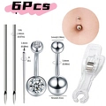 6-delige roestvrijstalen piercingset met navelringen, naalden en transparante pincet - Navel Piercing Gereedschap Kit (D)