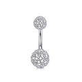 Silver stainless steel belly button ring with two white crystal encrusted Shamballa balls - Silver Full Diamond Style