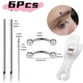 Detailweergave van de 6-delige roestvrijstalen piercingset met tools en afmetingen - Wenkbrauw Piercing Gereedschap Kit (B)