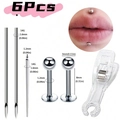 6-delige 14G roestvrijstalen piercingset met holle naalden, labret studs en tangetje - Lip Piercing Gereedschap Kit (C)