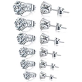 Set aus sechs runden Zirkonia-Ohrsteckern aus Edelstahl mit 6-Krallen-Fassung - Stil D-Silber-Rund CZ Krappenfassung (Schmetterlingsverschluss)