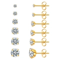 Lot de 6 paires de puces d'oreilles en zircone dorée avec sertissage à quatre griffes - Lot de 6 paires / Or