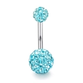 Polished silver belly ring with light blue pavé crystal balls on a white background - Blue