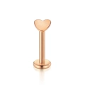 Detailed view of heart-shaped rose gold labret stud with polished flat base and smooth finish - Heart / 6mm (1 Piece) / Rose Gold