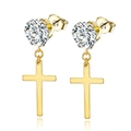 Mens gold stainless steel cross earrings with round crystal stone, hip hop dangle style - Zirconia Stud With Cross Dangle / Gold