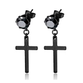 Men's black stainless steel cross earrings with black crystal stud and matte finish - Black Zirconia Stud With Cross Dangle / Black