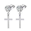 Men's stainless steel stud earrings with sparkling cubic zirconia and cross pendant - Zirconia Stud With Cross Dangle / Silver