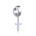 Macro shot of polished silver cross pendant earring with thick stainless steel hoop - Ear Buckle / Silver