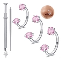 5-delige hoefijzer piercing sieradenset met roze zirkonia en professionele tools - Zilveren Roze Zirconia Drievoudige Ringen Met Grijper En Gids Pin Set