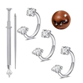 5-delige zilveren hoefijzer piercing set met zirkonia steentjes en hulpmiddelen - Zilveren Witte Zirconia Drievoudige Ringen Met Grijper En Gids Pin Set