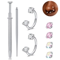 Zilveren hoefijzer piercing set met gekleurde zirkoon en piercing gereedschap - Zilveren Ringen Met Reservekoppen En Gids Tool Set