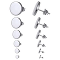 Detailansicht von sechs Paaren runder silberner Edelstahl-Ohrstecker in verschiedenen Größen - Stil C-Silber-Rund Flach (Schmetterlingsverschluss)
