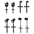 Set di 4 paia di orecchini a croce in acciaio nero con cerchi e perni punk - Set Misto Orecchini Croce (Nero)
