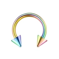 Macro shot of rainbow gradient stainless steel horseshoe ring with sharp cone ends - Style B Multi-color