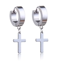 Detail view of silver stainless steel hoop earrings with polished cross pendants - Hoop With Cross Dangle / Silver