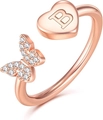 Detail van de roségouden vlinder- en hartring met letter B en ingelegde zirkonia's - Verstelbaar Open / Letter B