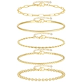 Detail van vijf gouden armbanden inclusief paperclip, slang, touw, doos en kralenkettingen - Goud Kralenketting 5-Delige Set (xp-120)