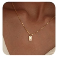 Detail of a gold plated rectangle initial necklace M on a box chain for women - Letter M Pendant Only (Without Chain) / Gold