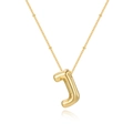 Detail of gold bubble letter J pendant with high-shine finish on beaded chain - Letter J