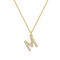 Macro shot of gold-plated box chain necklace with a zircon-encrusted letter M pendant - Letter M